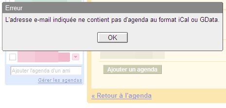 Message d'erreur Google Agenda...